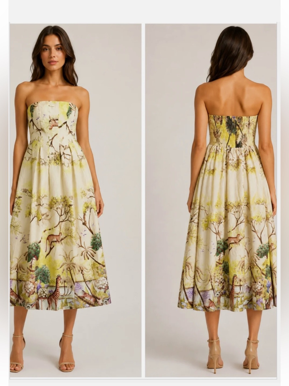 Caroline Constas Safari Jungle Print Strapless Smocked Maxi Dress Size M Yellow